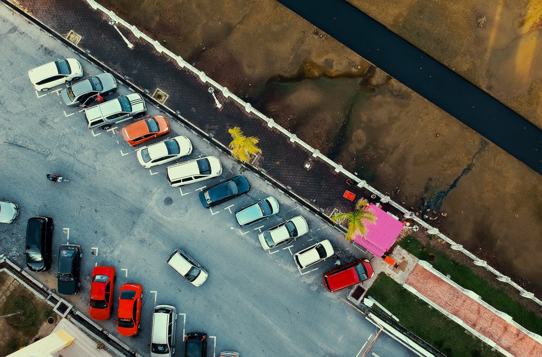 bird s eye view of parked cars
